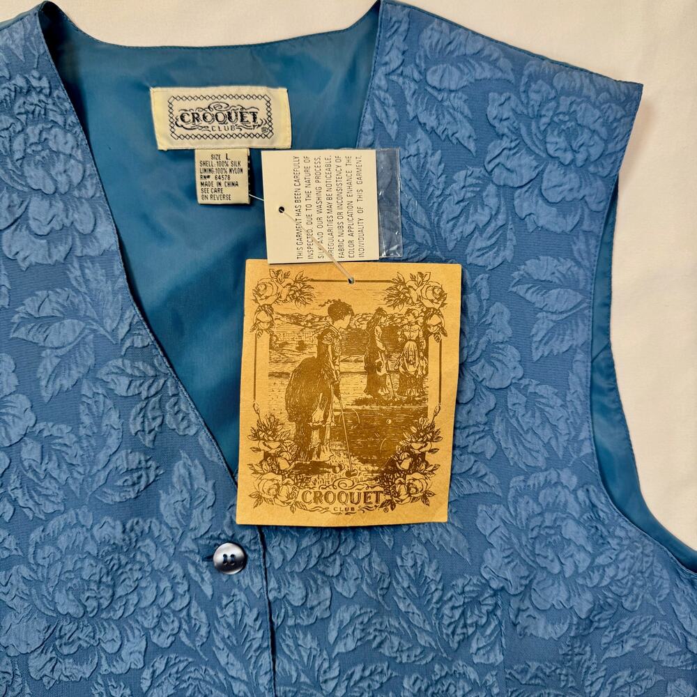 Boho Croquet Club VTG Floral Vest Blue 100% Silk Women’s Large NWT Deadstock - Picture 10 of 12